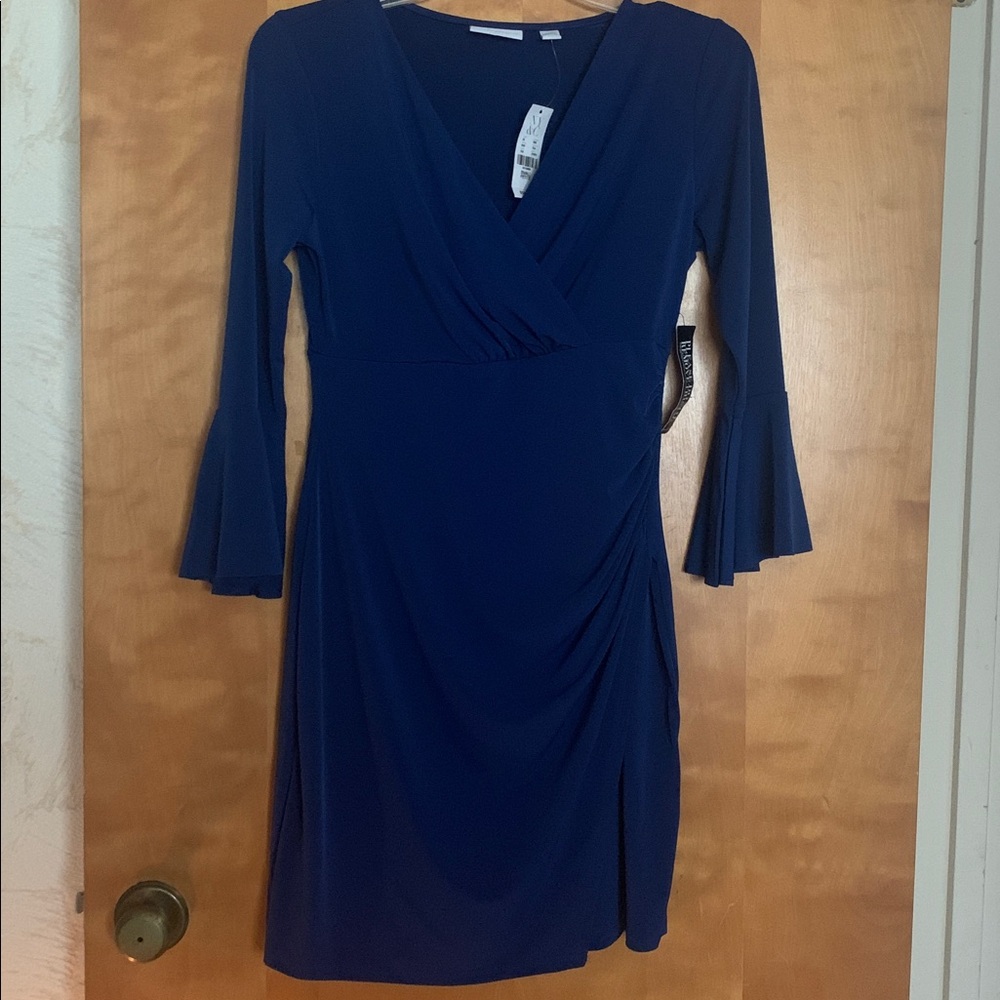 New York & Company Royal Blue Dress w/Draped Neck & Ruffle L/S. Small Petite NWT